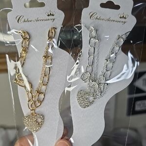 Lot Of 12...Gold and Silver Heart Pendant Anklet Set